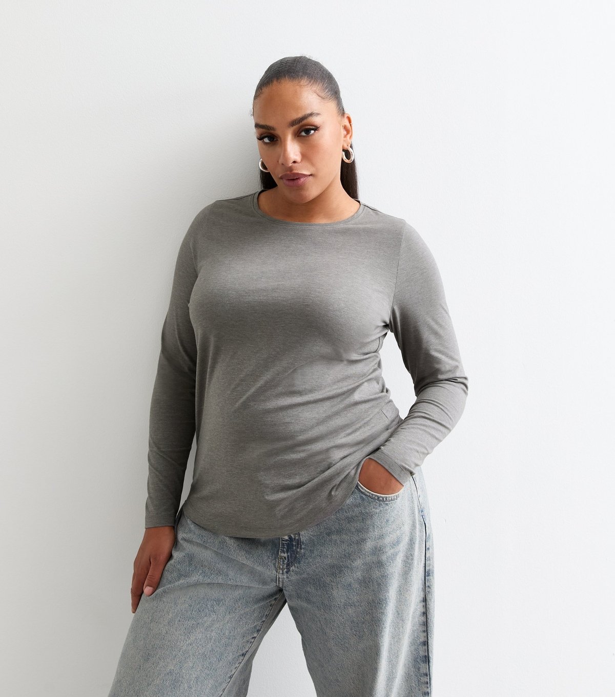 New Look Women's Plus Size Grey Crew Neck Long Sleeve Top Curves New Look - 3
