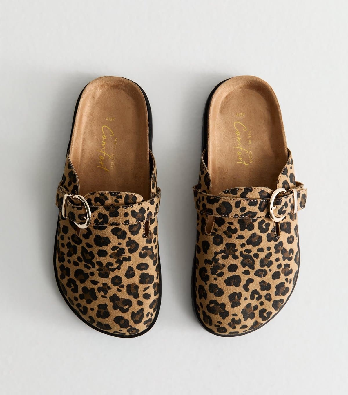 New Look Women's Brown Leopard Print Suedette Buckled Clogs Vegan New Look