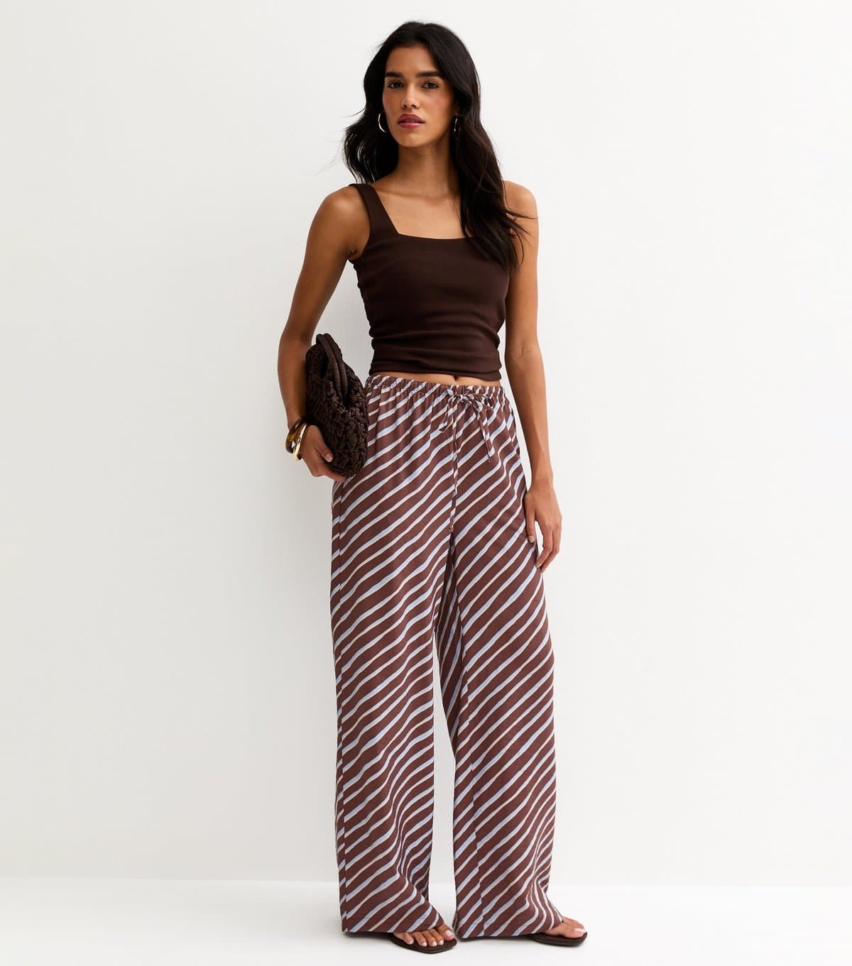 New Look Women's Brown Diagonal Stripe Wide Leg Trousers New Look