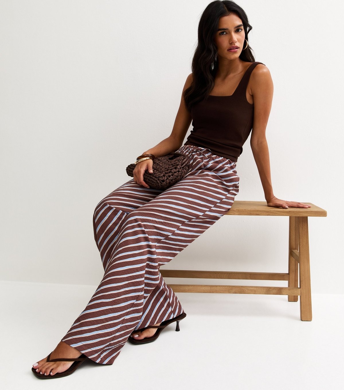 New Look Women's Brown Diagonal Stripe Wide Leg Trousers New Look - 3