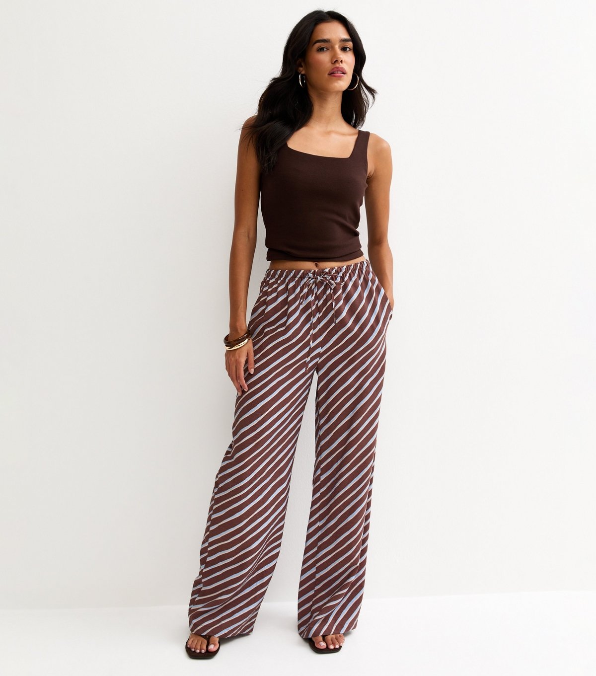 New Look Women's Brown Diagonal Stripe Wide Leg Trousers New Look - 4