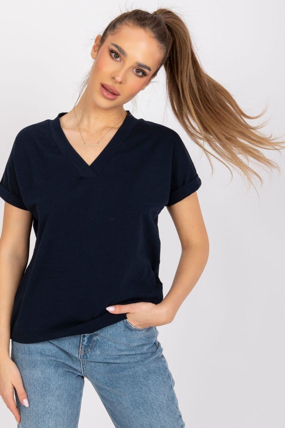 Love Lace Love Lace Navy Short Sleeve V-Neck T-Shirt
