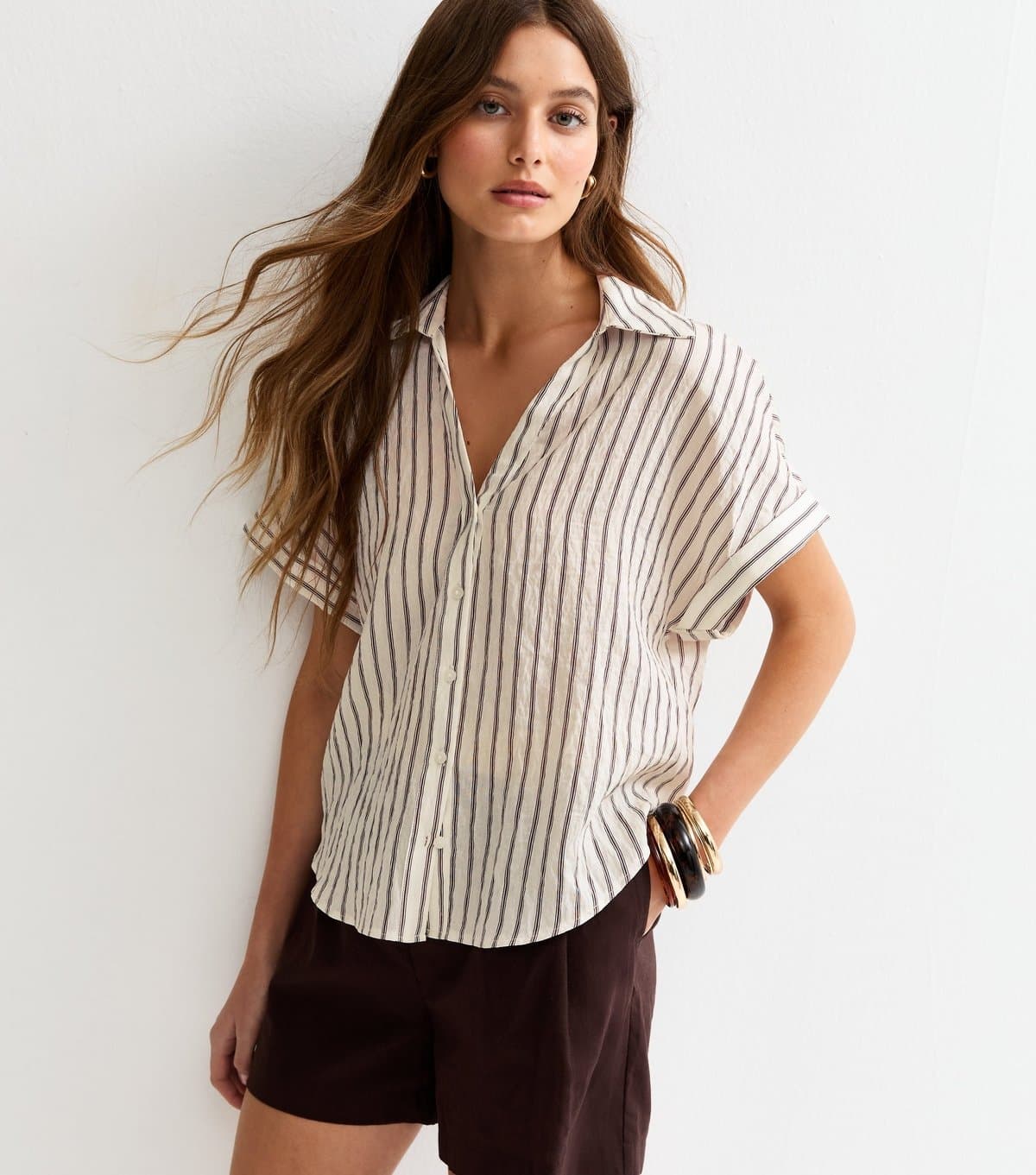 New Look Women's Brown Skinny Stripe Pattern Shirt New Look