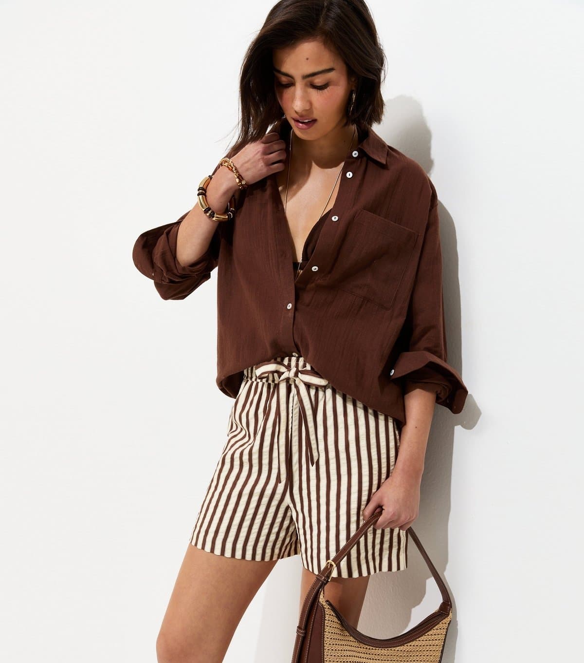 New Look Women's Brown Striped Seersucker Shorts New Look