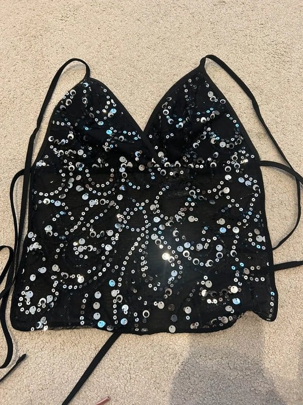 Bershka Black & Silver Sequin Halter Crop Top