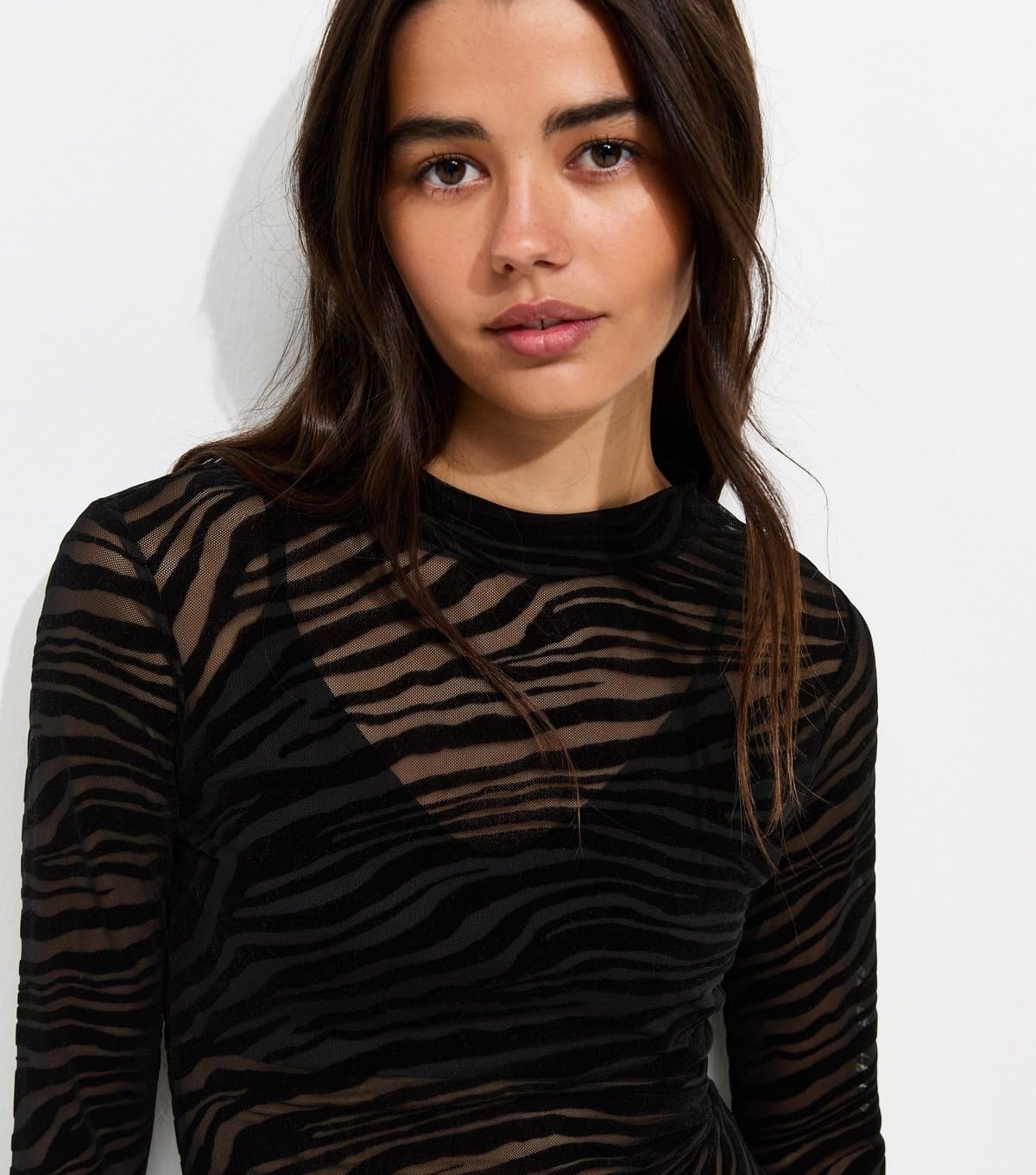 New Look Women's Black Mesh Jersey Zebra Flocked Long Sleeve Top New Look