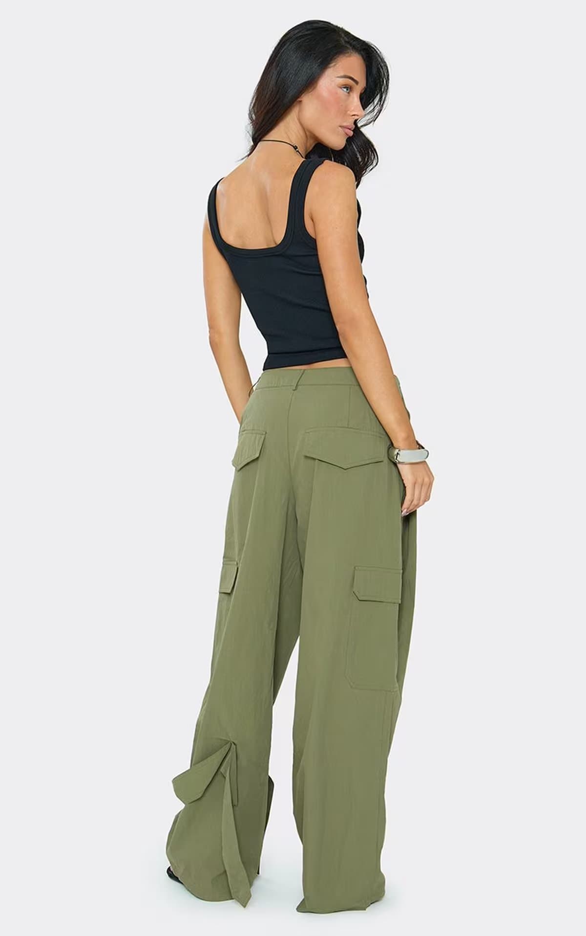 EGO Low Rise Zip Detail Wide Leg Pleated Cargo Trousers In Khaki, Women's Size UK 6