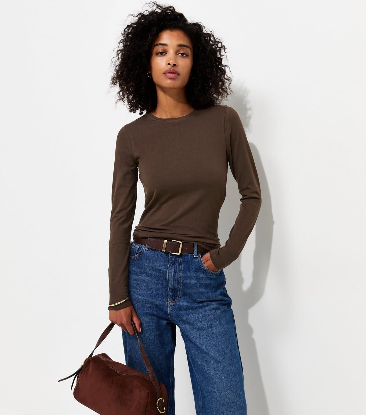 New Look Women's Dark Brown Cotton Rich Crew Neck Long Sleeve T-Shirt New Look