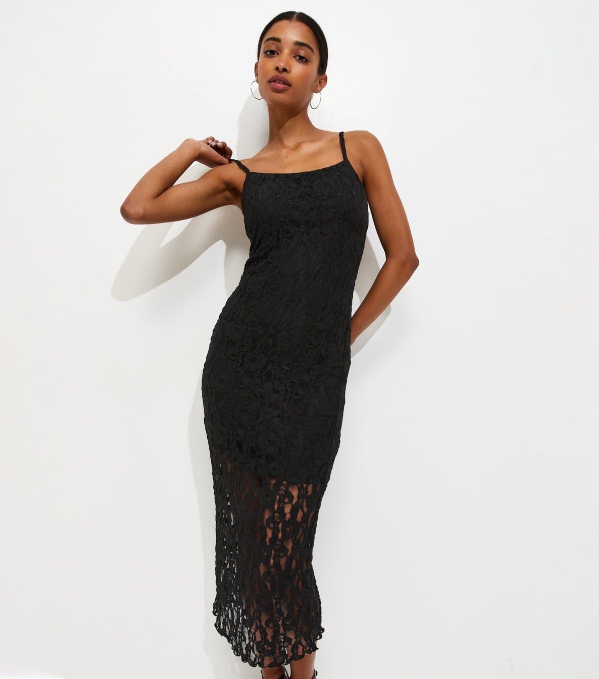 New Look Women's Black Floral Lace Strappy Midi Dress New Look