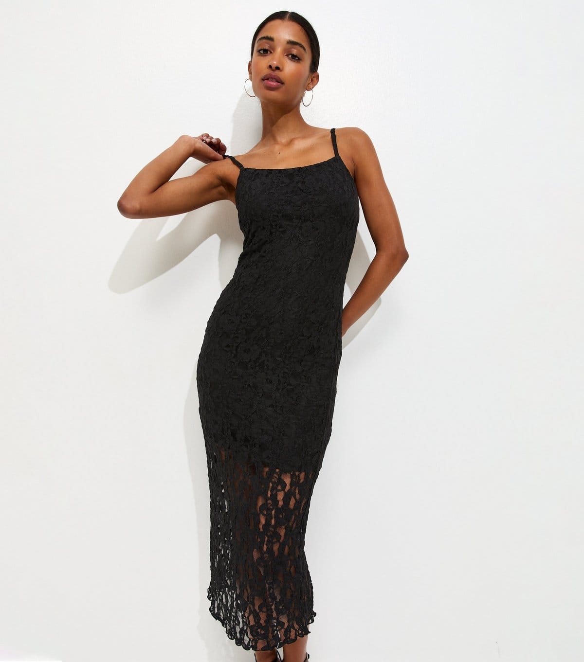 New Look Black Floral Lace Strappy Midi Dress