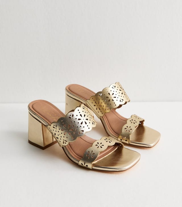 New Look Women's Wide Fit Gold Faux Leather Cut Out Block Heel Mules Vegan New Look - 3