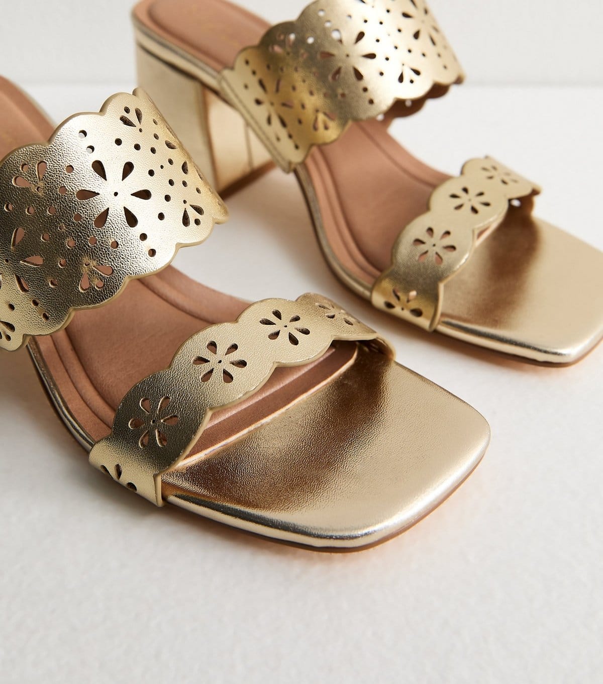 New Look Women's Wide Fit Gold Faux Leather Cut Out Block Heel Mules Vegan New Look - 4