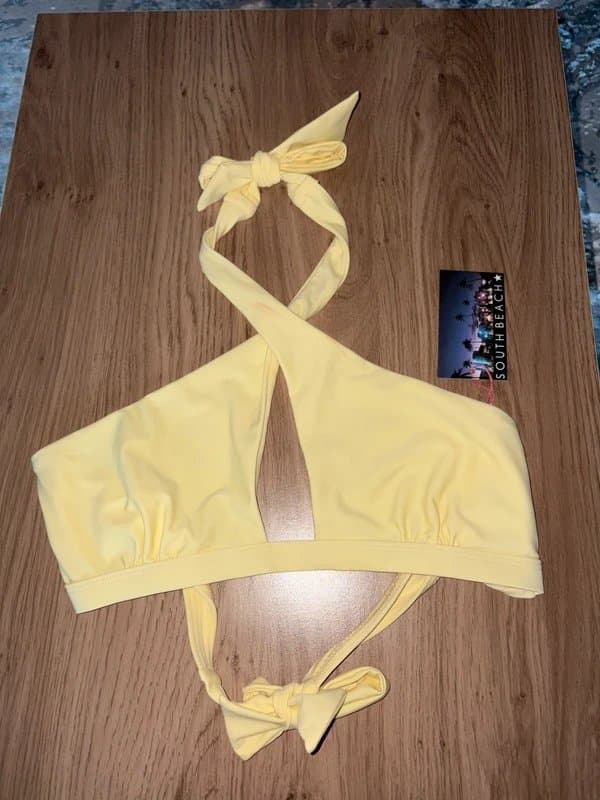South Beach NEW top UK 14 UK 12 bottom lemon pastel yellow crossover bikini set halter neck tie keyhole swimwear