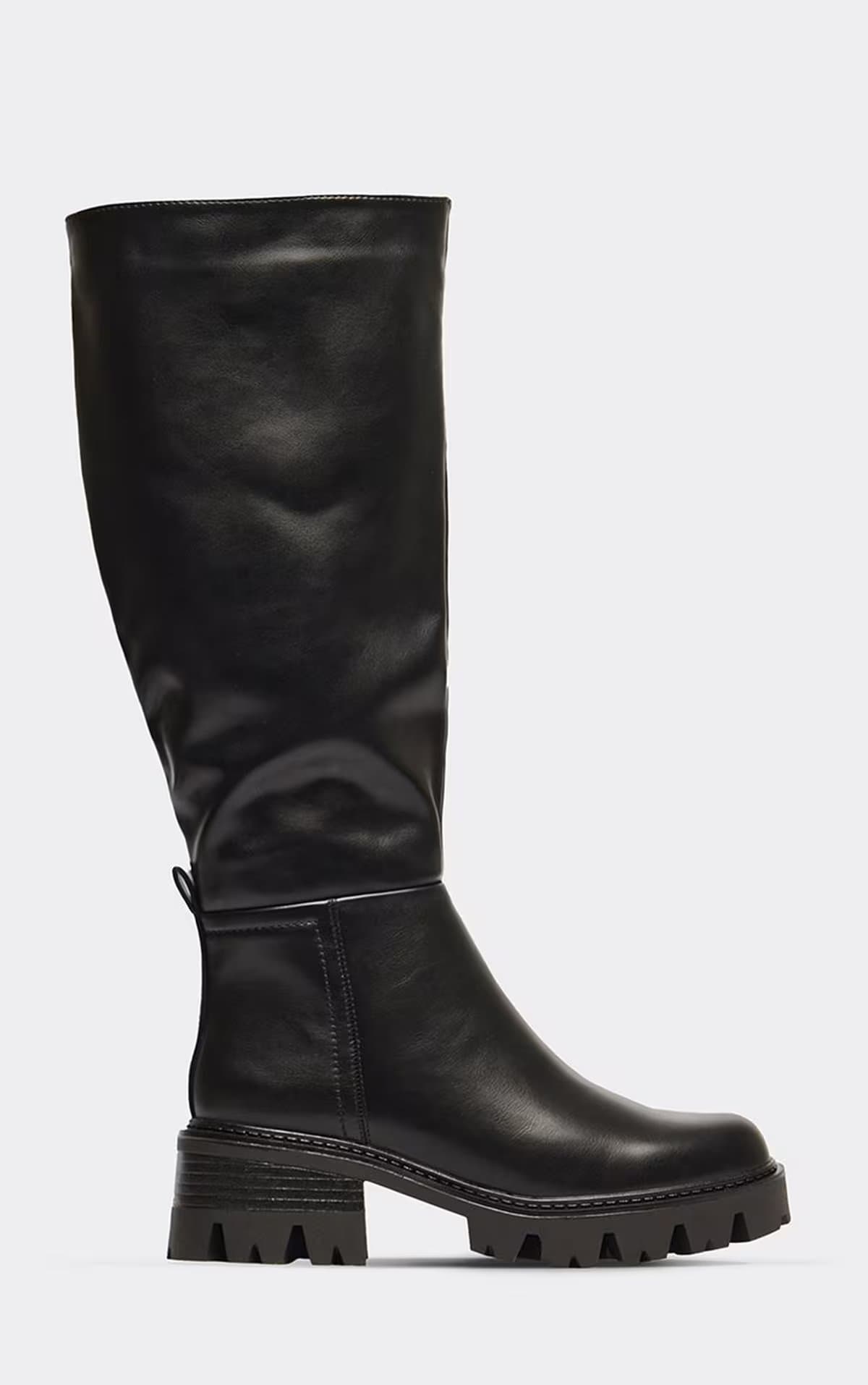 EGO Della Chunky Sole Knee High Long Biker Boot In Black Faux Leather, Women's Size UK 3
