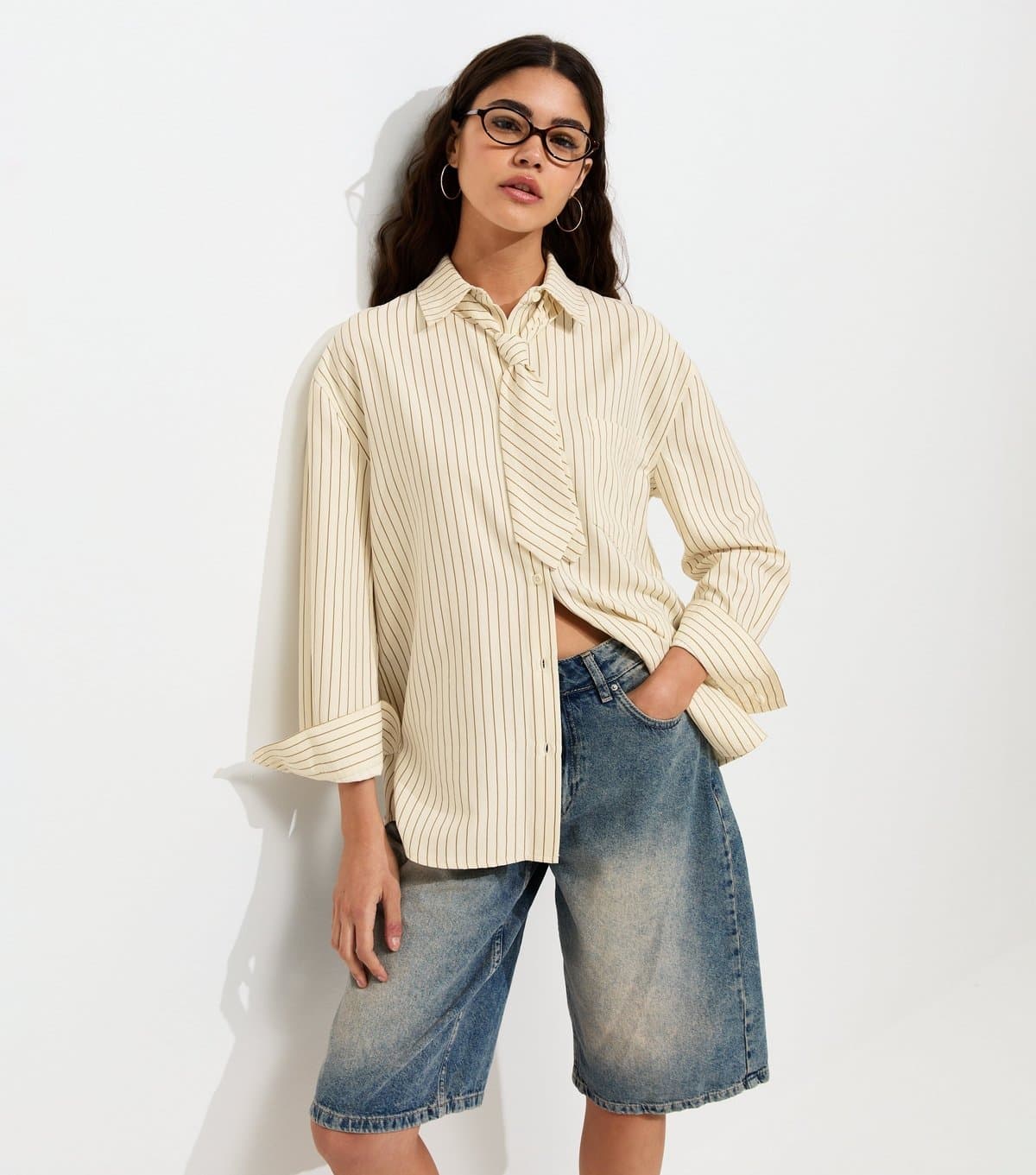 New Look Women's Cream Woven Tie Striped Shirt New Look