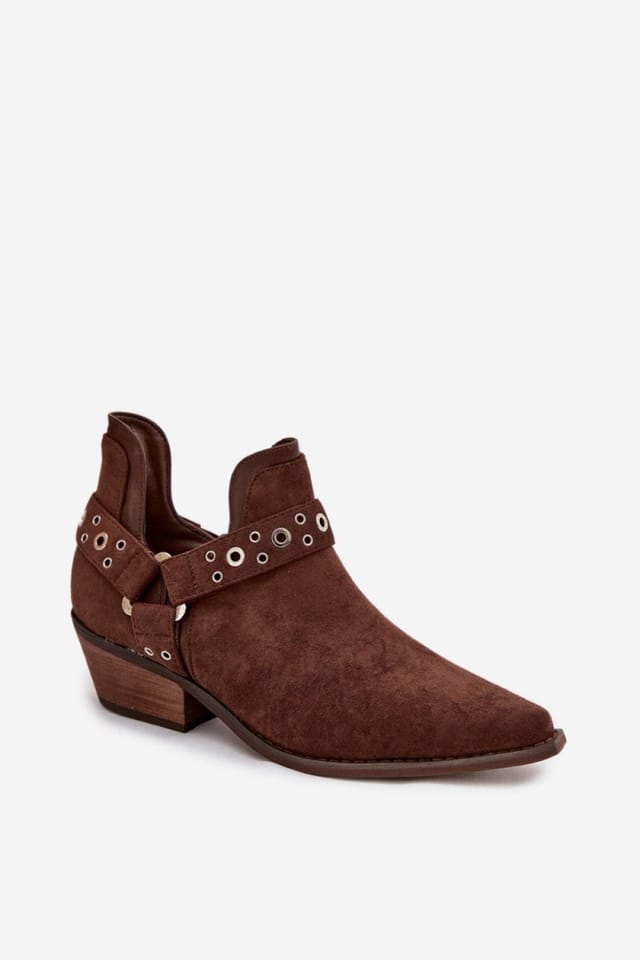 Love Lace Love Lace Women's Slip On Ankle Boots With Low Heel Pointed Toe Cutouts & Straps in Brown - 2