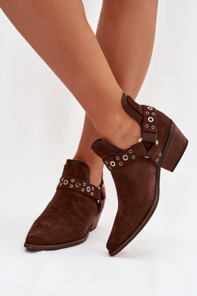Love Lace Love Lace Women's Slip On Ankle Boots With Low Heel Pointed Toe Cutouts & Straps in Brown - 3