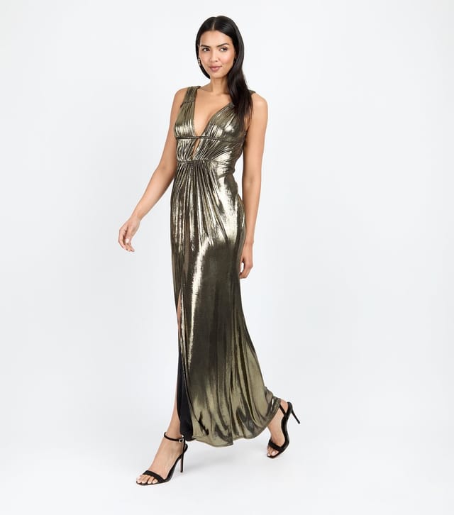 Little Mistress Women's Gold Foil Plunge Maxi Dress Little Mistress New Look - 2
