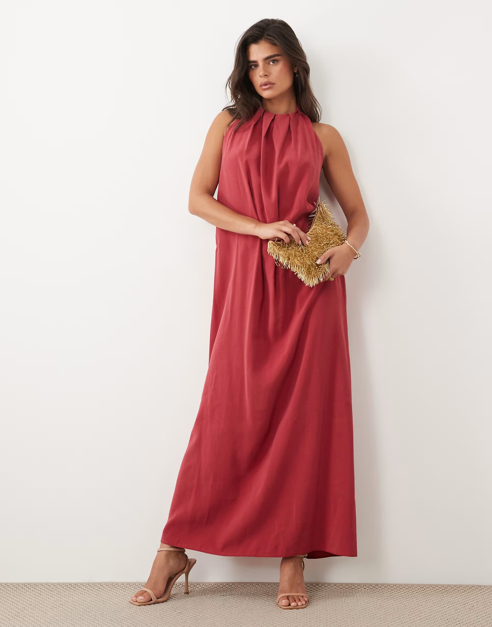 ASOS ASOS DESIGN high gathered neck with open back maxi dress in burgundy
