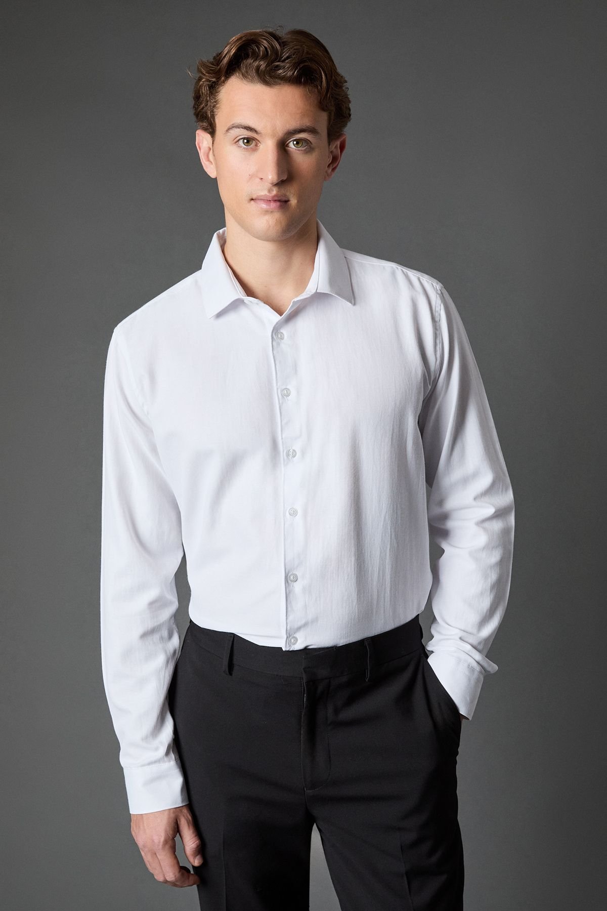 Burton Burton Men's Tailored Fit Herringbone Weave Long Sleeve Shirt in White - 4