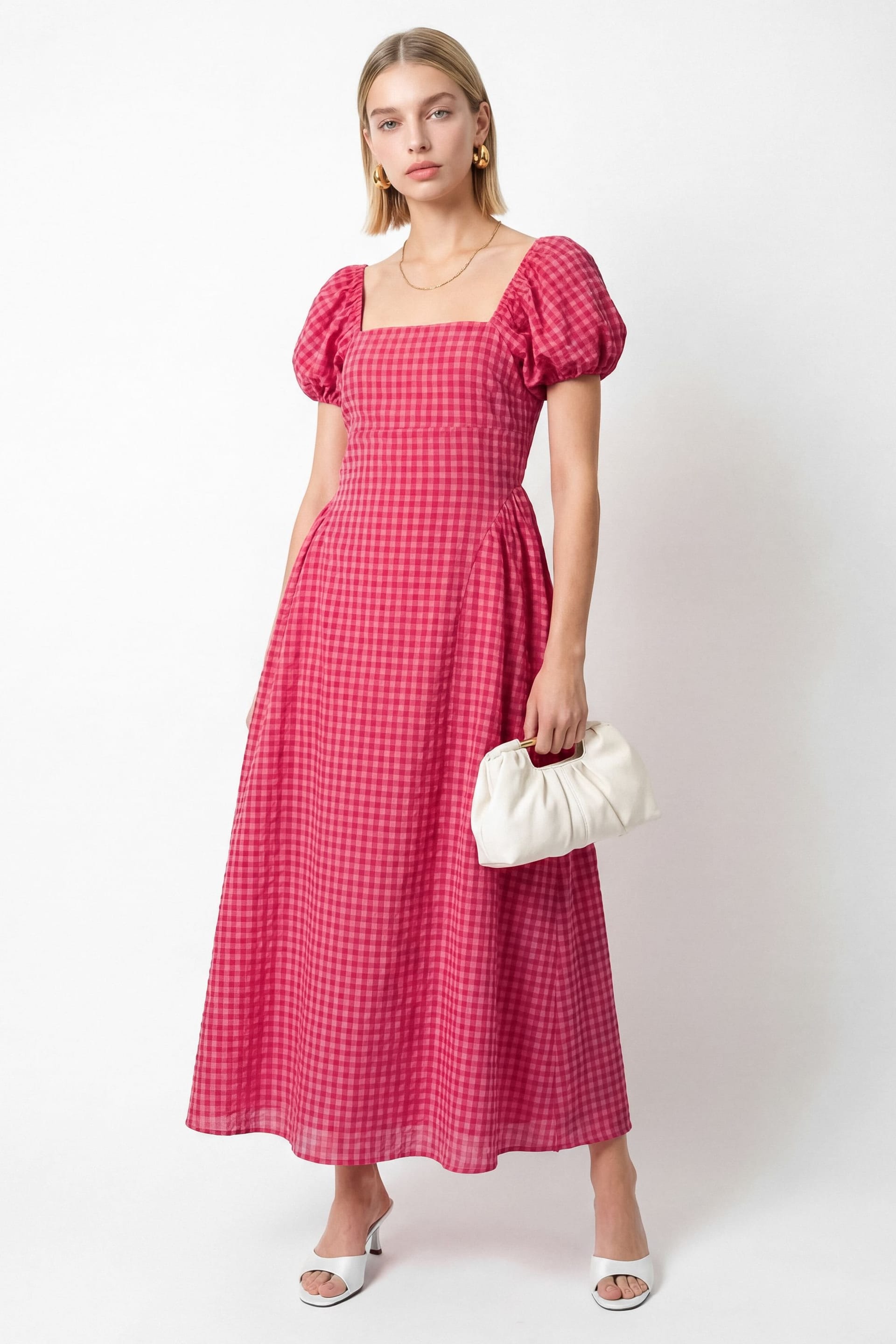 Lovedrobe Pink Gingham Square Neck Midi Dress