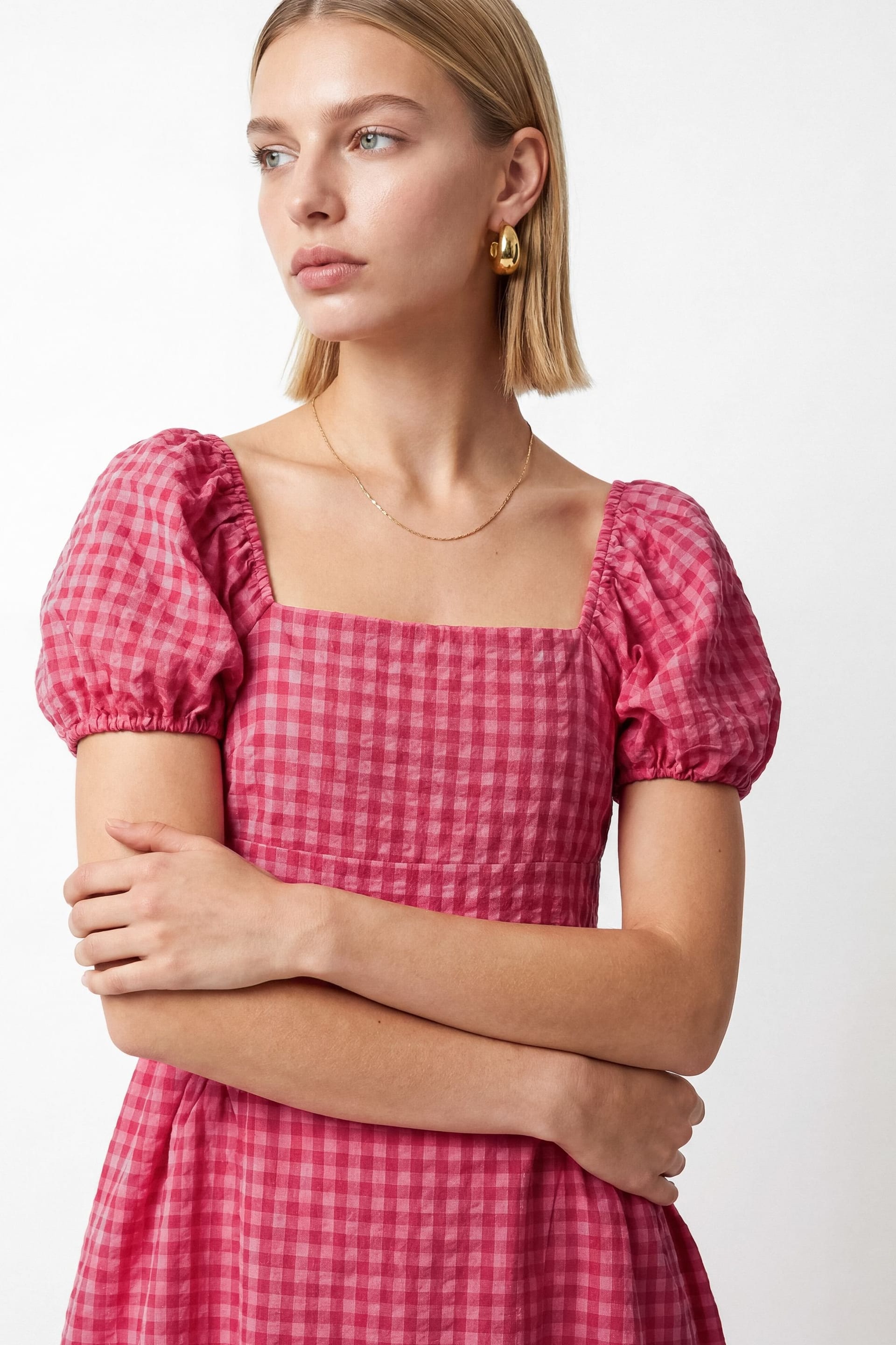 Lovedrobe Lovedrobe Women's Gingham Square Neck Short Sleeve Midaxi Dress in Bright Pink - 4