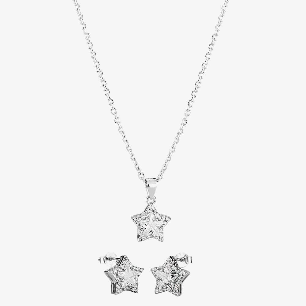 T.H.Baker T.H.Baker Women's Silver Cubic Zirconia Star Pendant & Studs Set SET14288