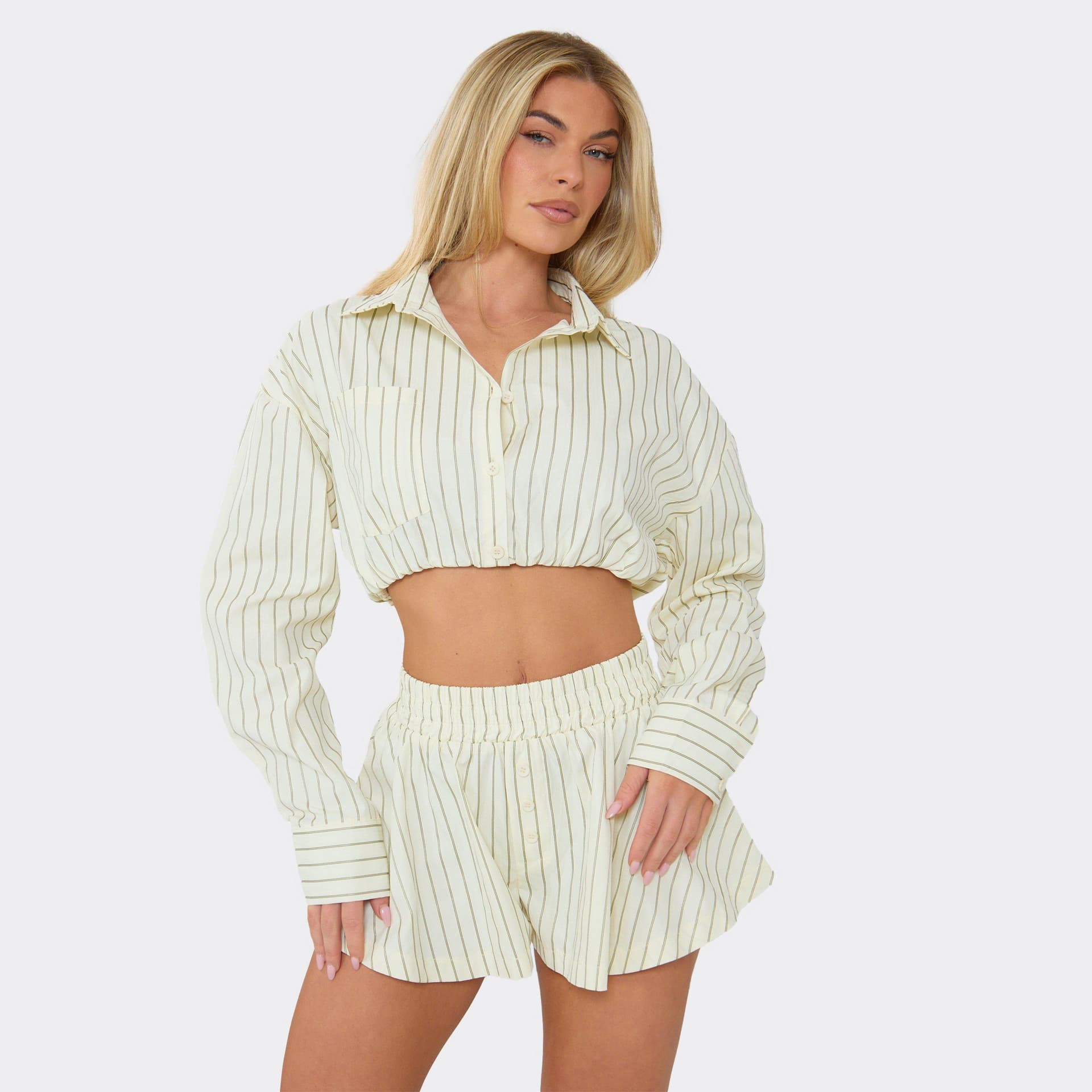 EGO Long Sleeve Button Up Cropped Skirt In Yellow Pinstripe, Women's Size UK 6