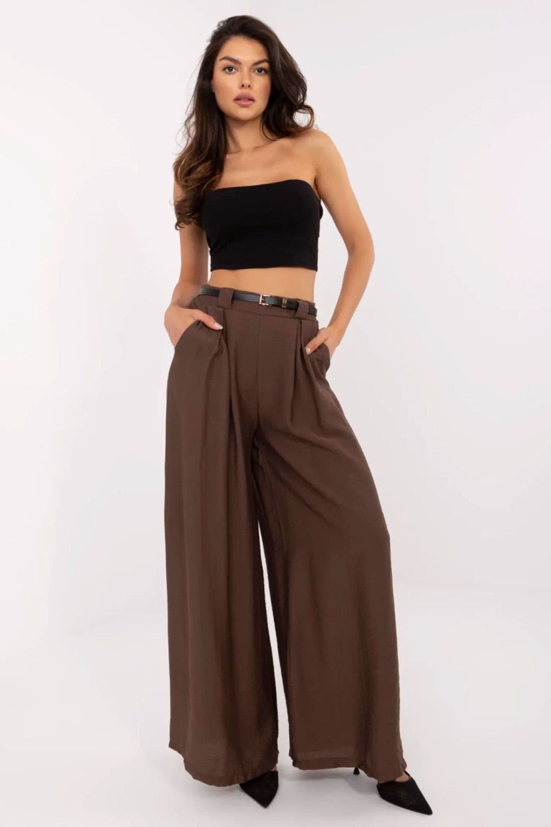 Love Lace Love Lace Women's Italian Viscose Nylon High Waist Palazzo Pants in Brown
