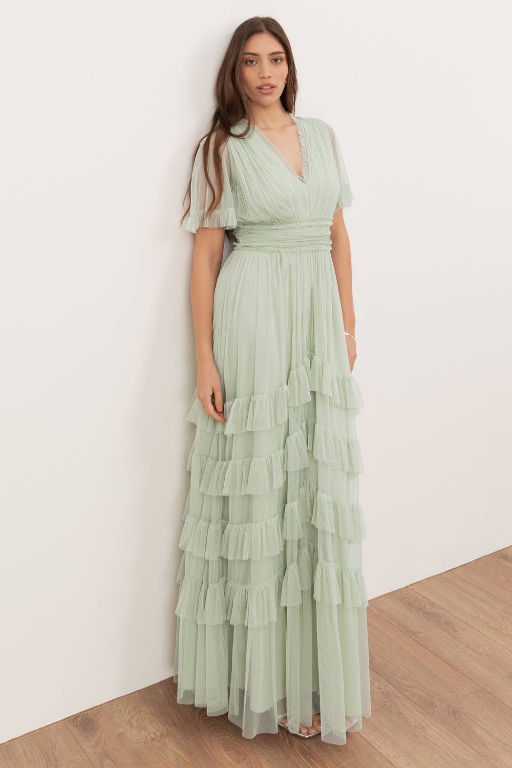 Anaya with Love Anaya with Love Women's V Neck Ruffle Tulle Maxi Dress in Green - 3
