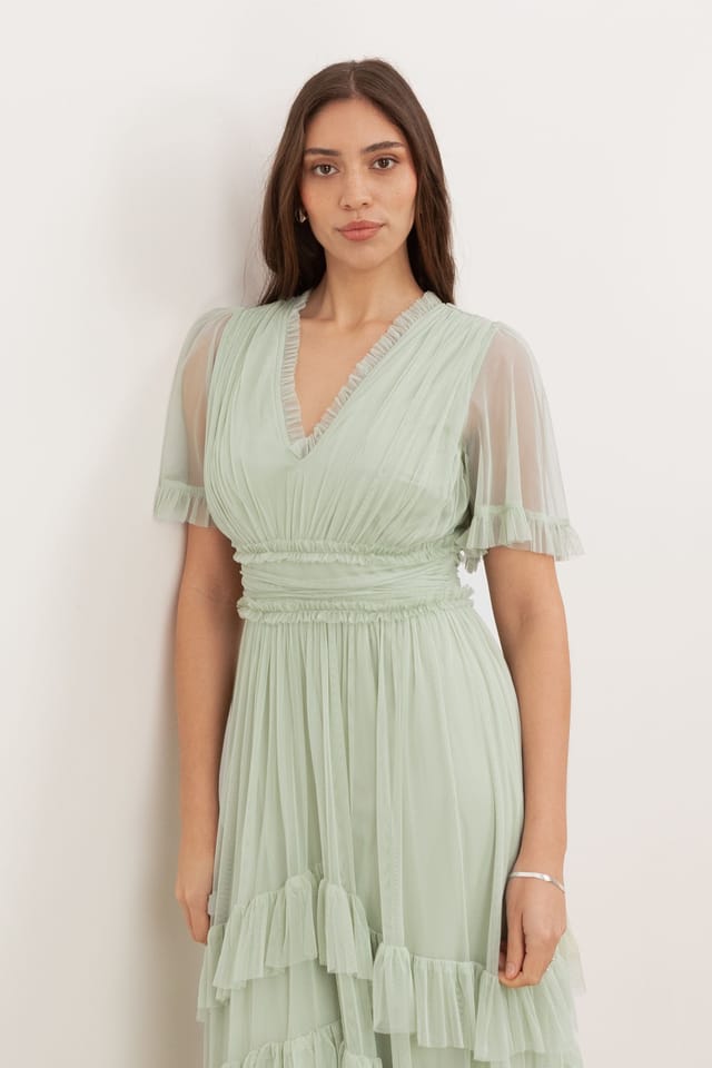 Anaya with Love Anaya with Love Women's V Neck Ruffle Tulle Maxi Dress in Green - 3