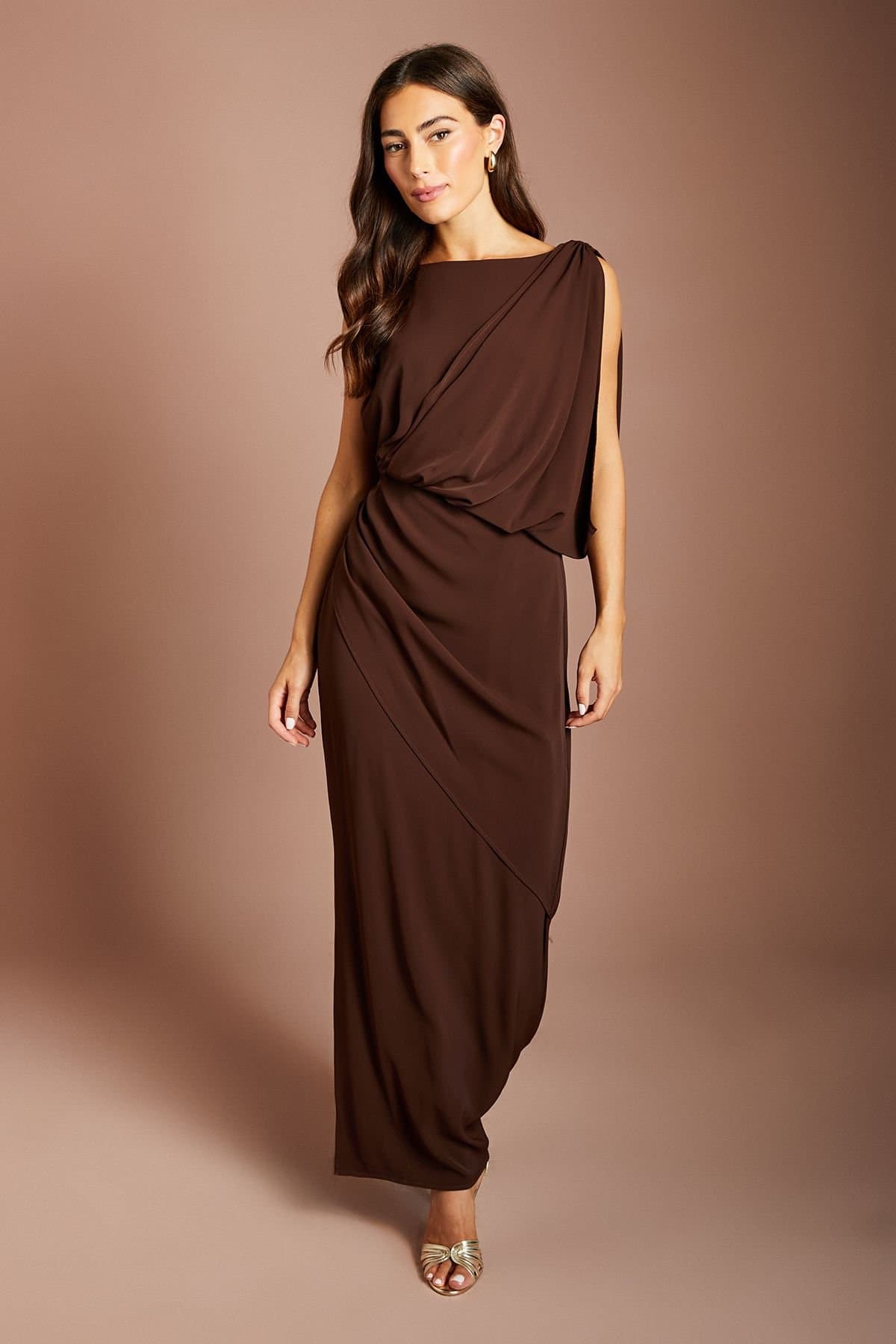 Coast Coast Women's Sleeveless Drape Bodice Wrap Skirt Maxi Dress in Chocolate