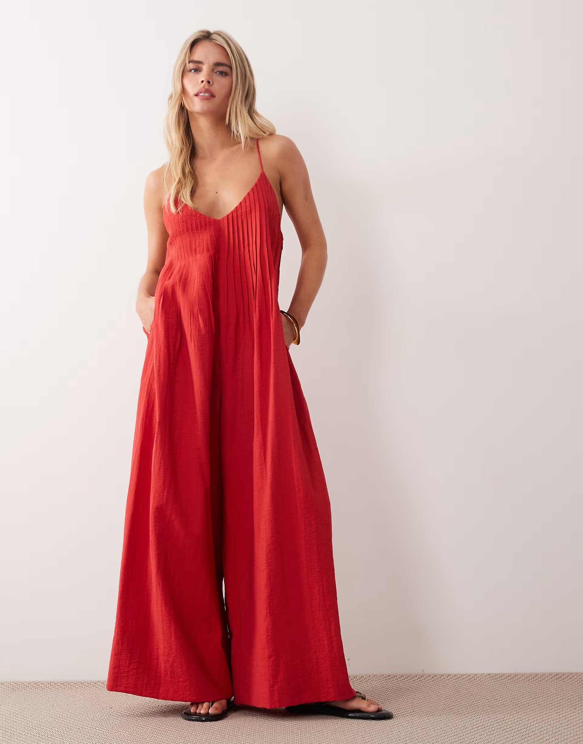 ASOS ASOS DESIGN Petite wide leg jumpsuit with pintuck detail in red