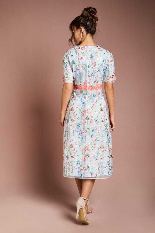 Coast Coast Women's Embroidered Floral With Laid On Lace Midi Dress in Light Blue - 3
