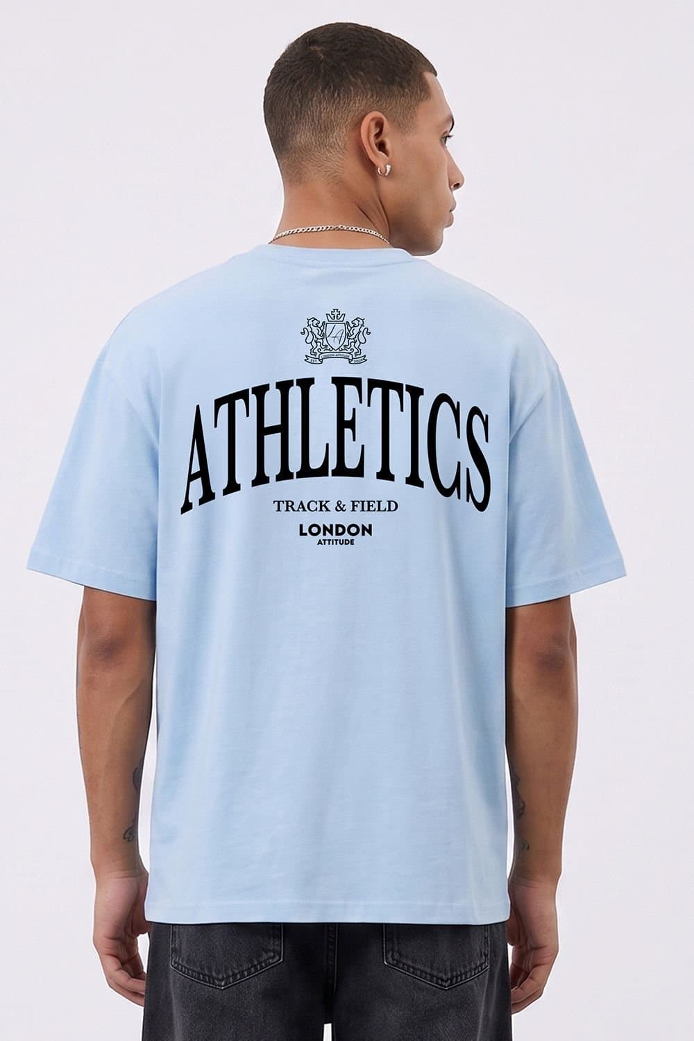 LONDON ATTITUDE LONDON ATTITUDE Men's Athletics Premium Graphic T-Shirt in Light Blue