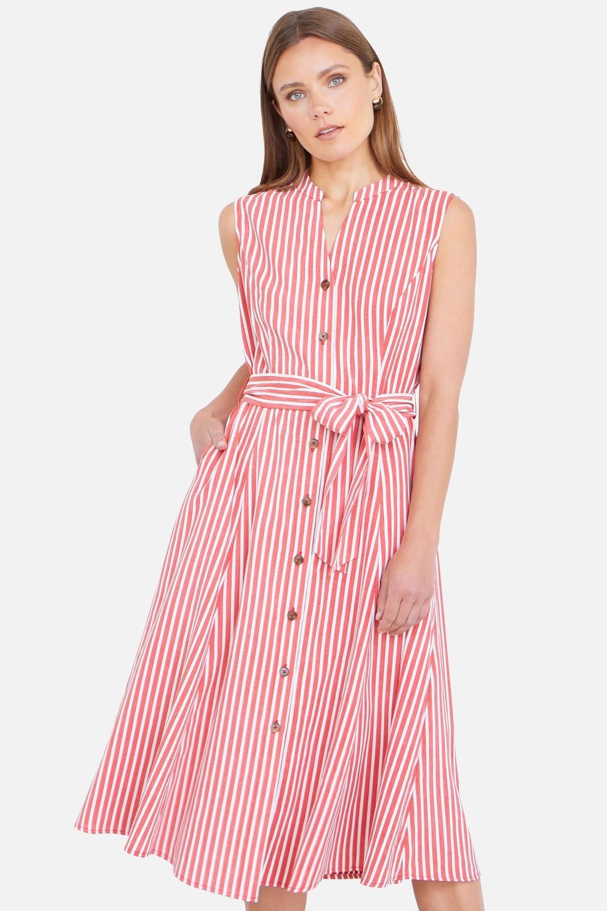 Yumi Yumi Women's Stripe Midi Sleeveless Shirt Dress in Light Red