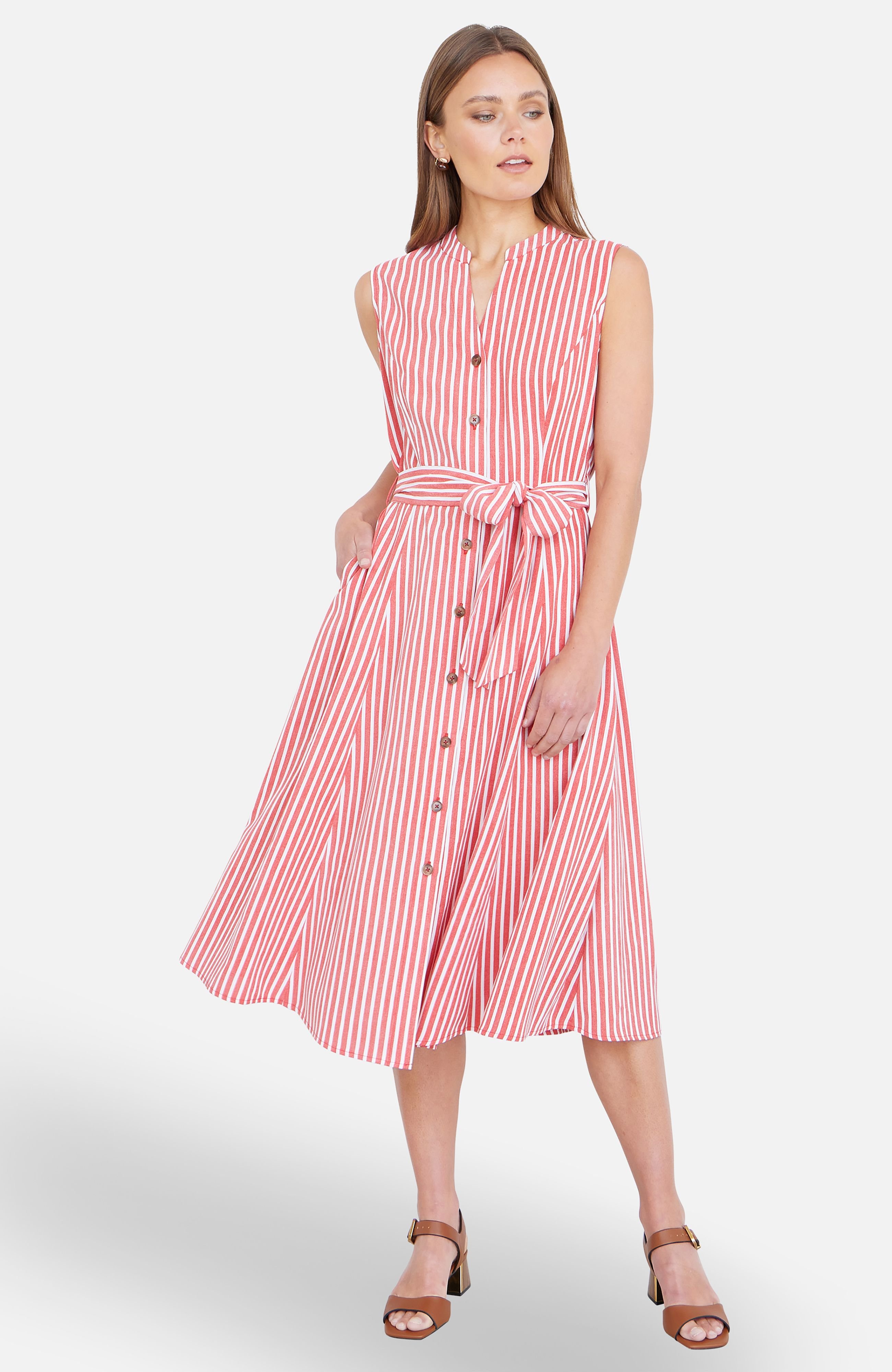 Yumi Yumi Women's Stripe Midi Sleeveless Shirt Dress in Light Red - 2