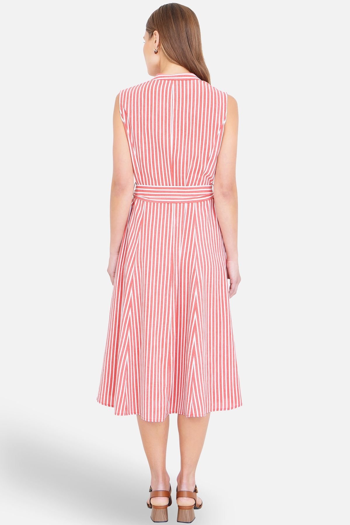 Yumi Yumi Women's Stripe Midi Sleeveless Shirt Dress in Light Red - 3