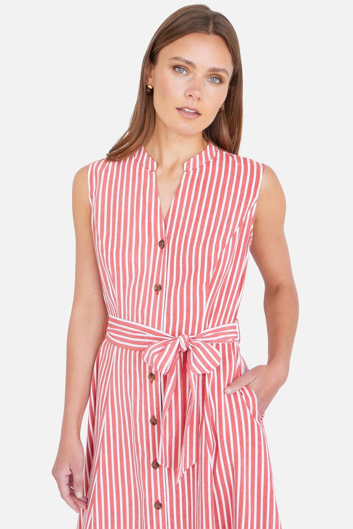 Yumi Yumi Women's Stripe Midi Sleeveless Shirt Dress in Light Red - 4