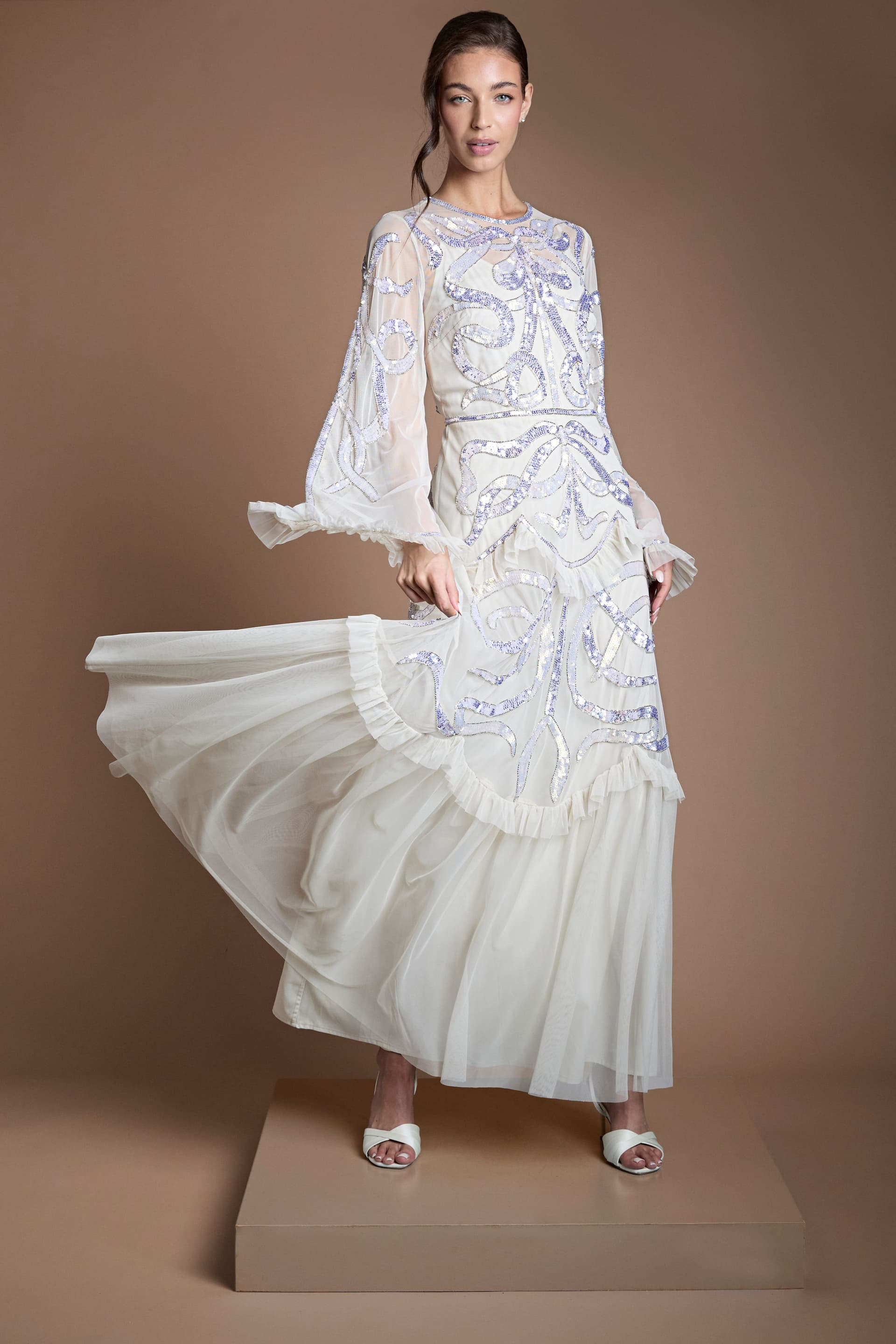 Coast Coast Women's Ruffle Hem Tiered Sequin Long Sleeve Wedding Dress in Ecru