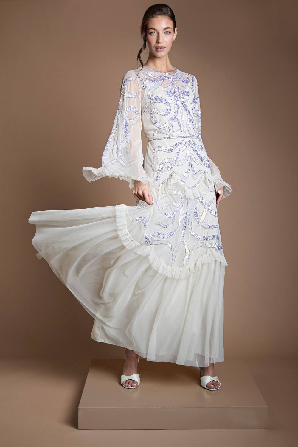 Coast Coast Women's Ruffle Hem Tiered Sequin Long Sleeve Wedding Dress in Ecru - 2