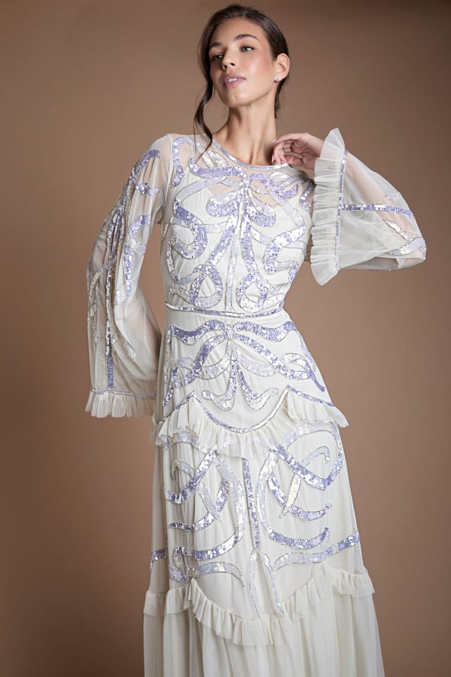 Coast Coast Women's Ruffle Hem Tiered Sequin Long Sleeve Wedding Dress in Ecru - 2