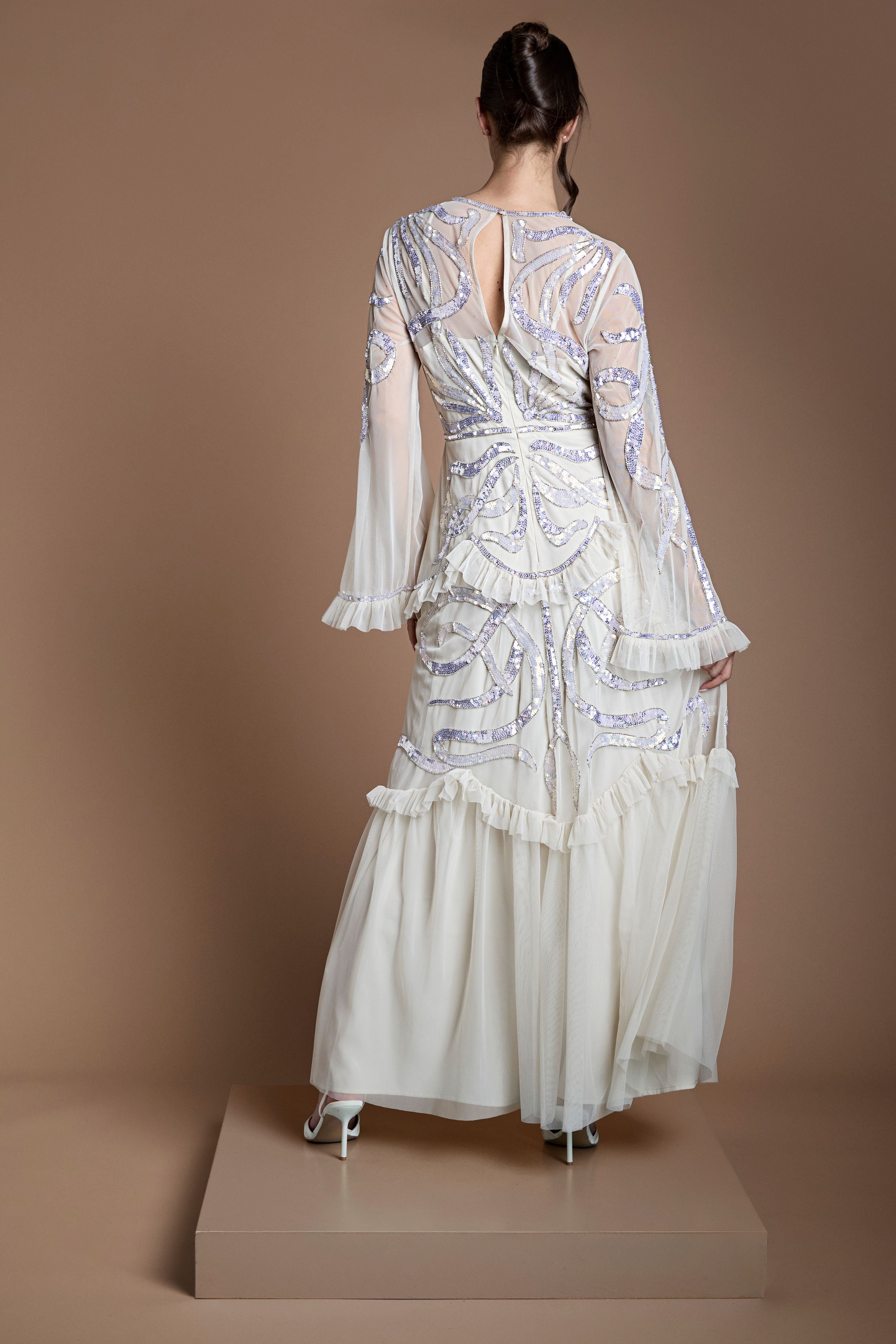 Coast Coast Women's Ruffle Hem Tiered Sequin Long Sleeve Wedding Dress in Ecru - 3