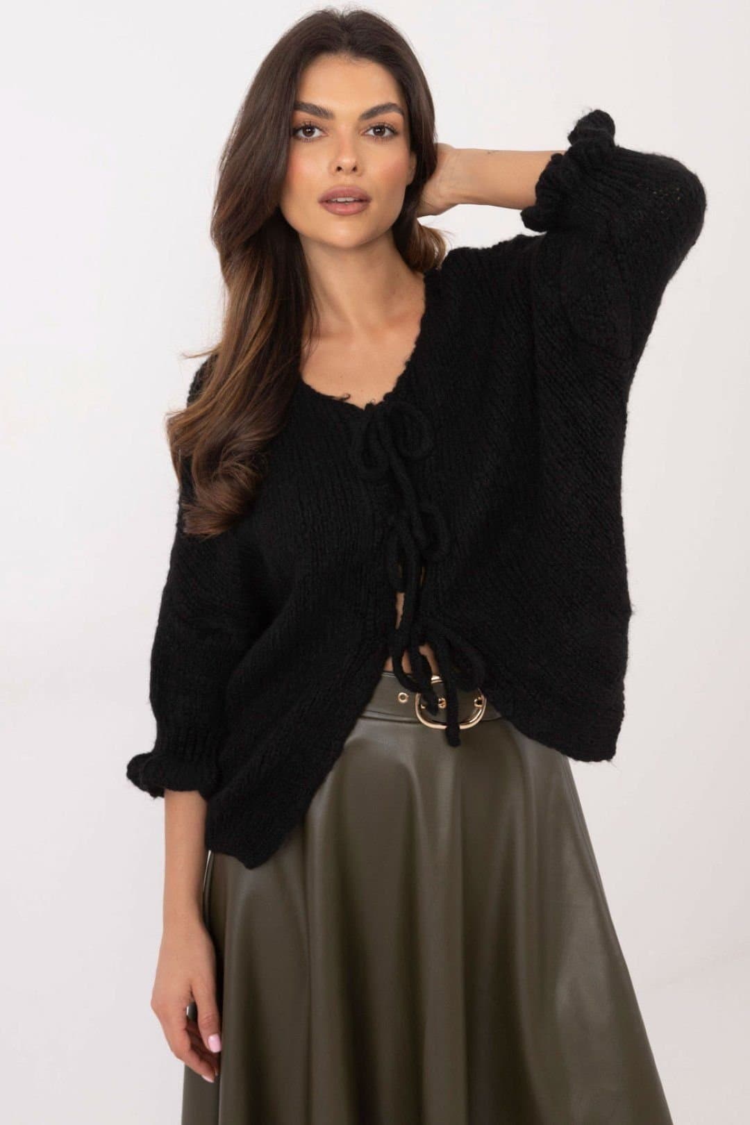 Love Lace Love Lace Women's Tie Neck Casual Cardigan Sweater in Black