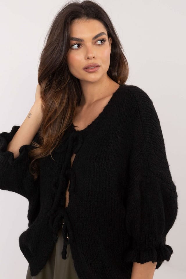 Love Lace Love Lace Women's Tie Neck Casual Cardigan Sweater in Black - 2
