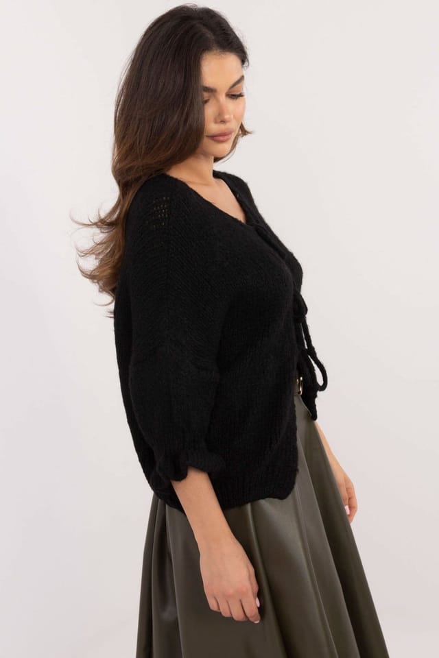 Love Lace Love Lace Women's Tie Neck Casual Cardigan Sweater in Black - 3