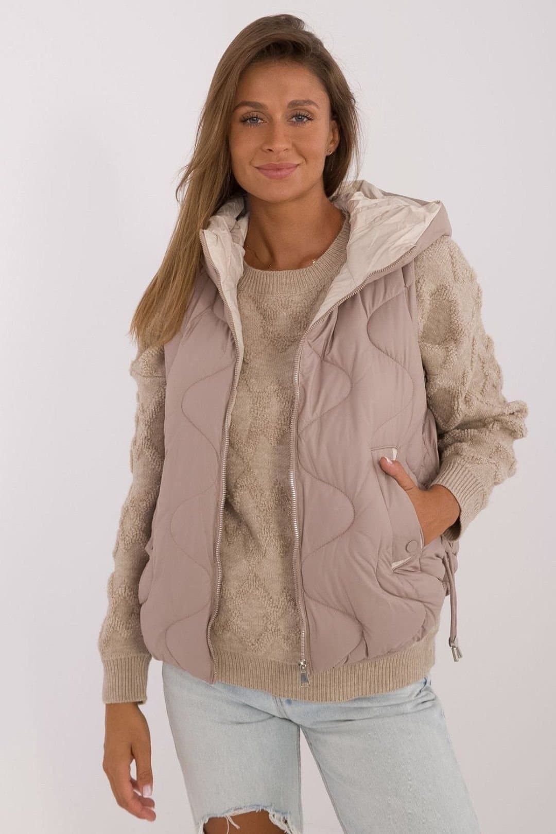 Love Lace Love Lace Women's Quilted Down Vest with Hood for Everyday Warmth in Taupe