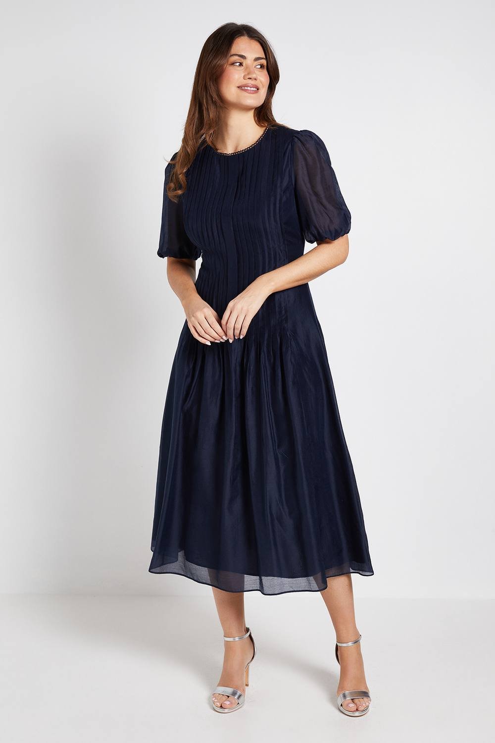 Wallis Wallis Women's Tencel Pintuck Detail Midi Dress in Navy - 2