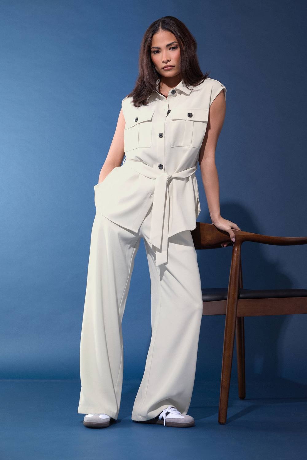 PixieGirl PixieGirl Women's Petite Belted Utility Shirt & Wide Leg Trousers Set in Ivory - 2