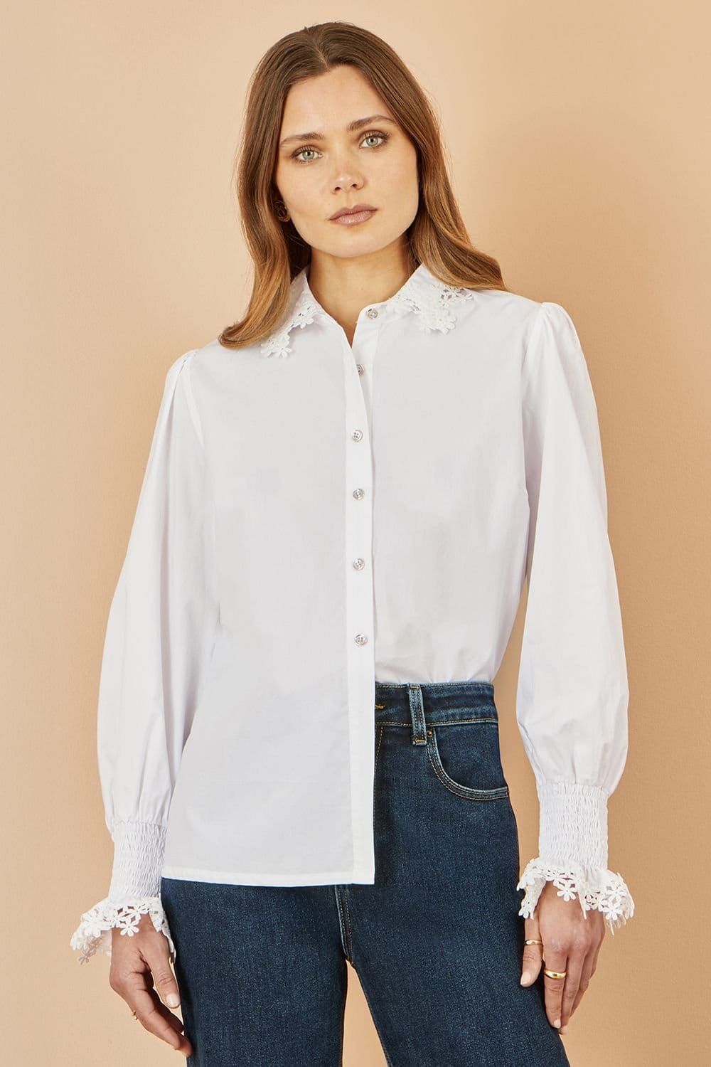 Yumi Women's White Lace Trim Shirt
